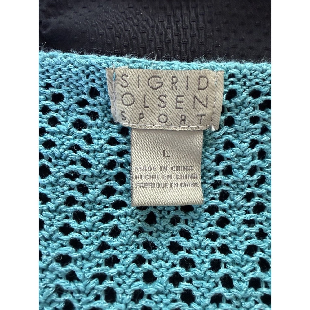Sigrid Olsen Cardigan Sweater~L~Turquoise Crochet Knit Linen Bld 2 Button Resort - Picture 2 of 15